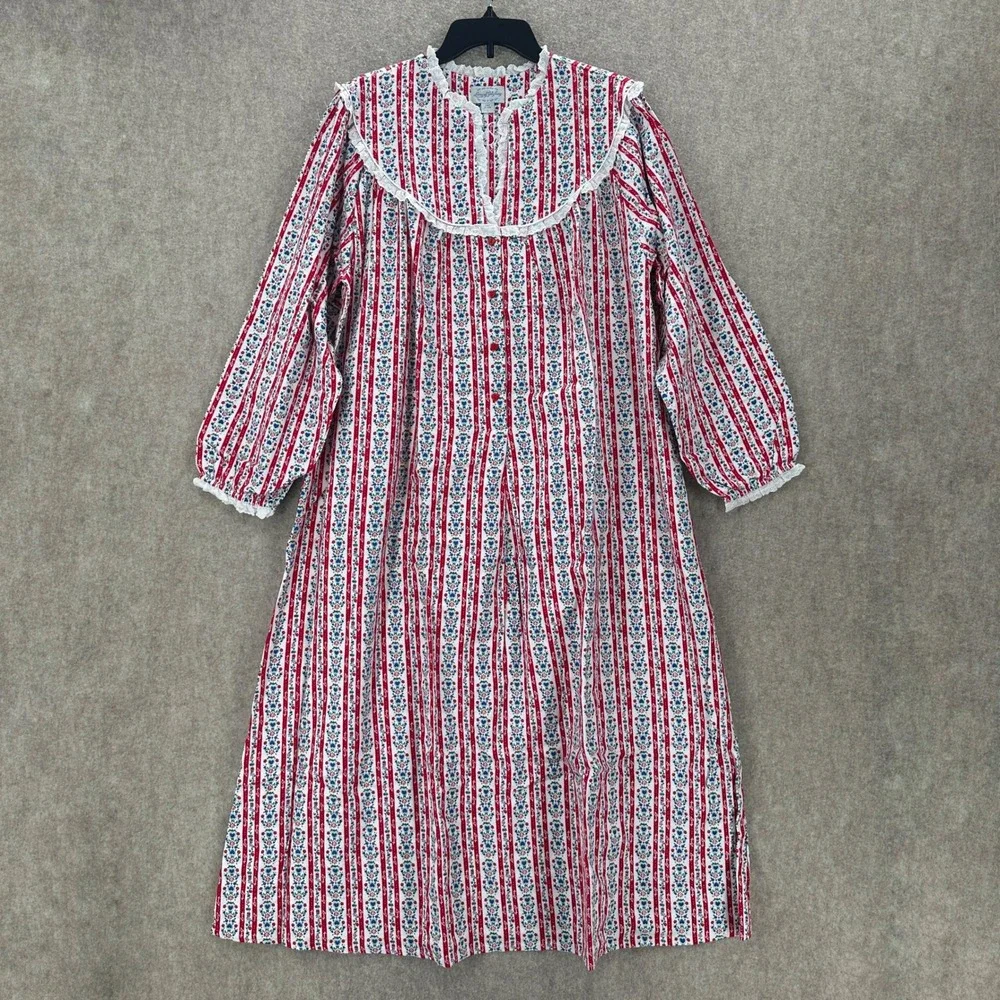 Lanz of Salzburg Flannel Nightgown Red White Floral Stripe Heart Lace Womens‎ L